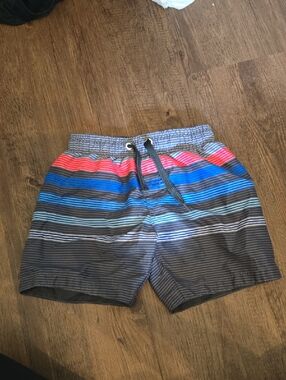 Caribbean Joe Boys' Coral, Blue & Gray Striped Swim Trunks